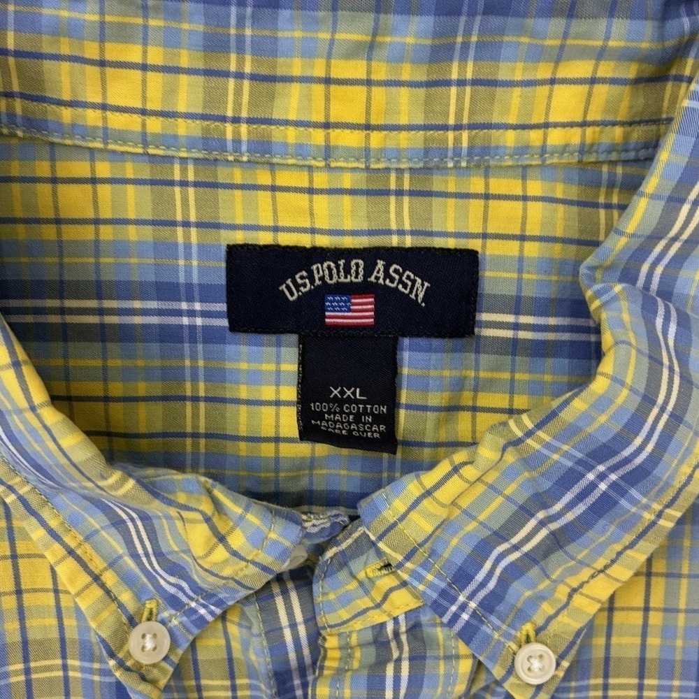 US Polo Plaid Preppy Mens XXL Short Sleeve Blue Yellow Casual Dadcore Gorpcore - Picture 2 of 6